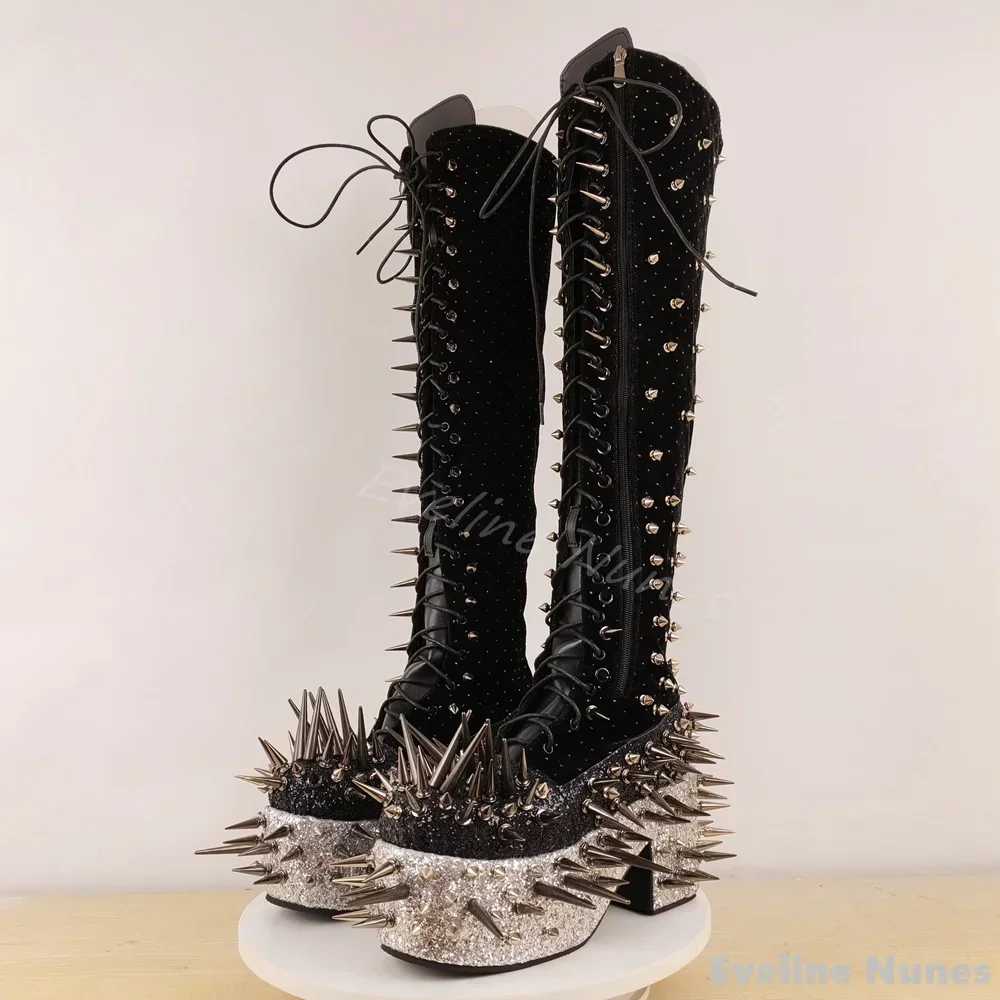 Rivet Spikes Knee High Boots Men Platform Chunky Heel Cross Tied Bling Crystal Punk Boots 2026 New Street Style Novelty Boots