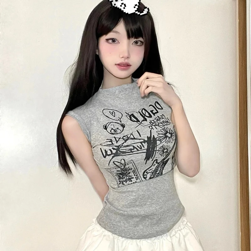 

Sleeveless Half High Neck T-shirt Women Summer Retro Chic Unique Printed Top American Spicy Girl Slimming Y2k Clothing