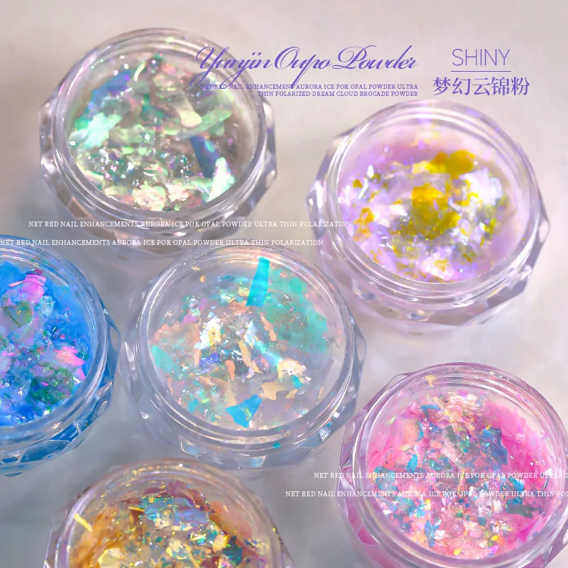 1jar Aurora Ice Crystal Opal Powder Nail Glitter Iridescent Dust Charm Nail Flakes Slice Sparkly Brocade Sequin Nail Decor 0.3G