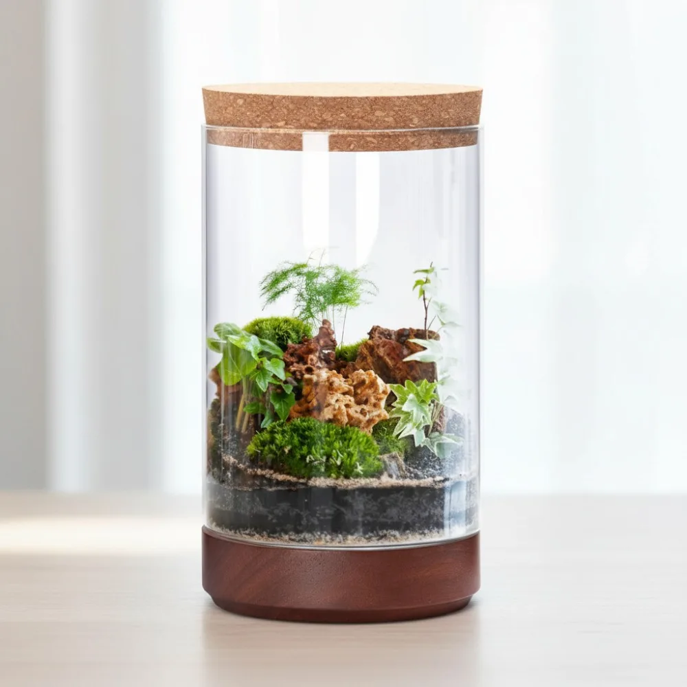 

Clear Glass Cylindrical Terrarium Planter with Wood Base & Cork Lid - Home Office Hydroponics Decor