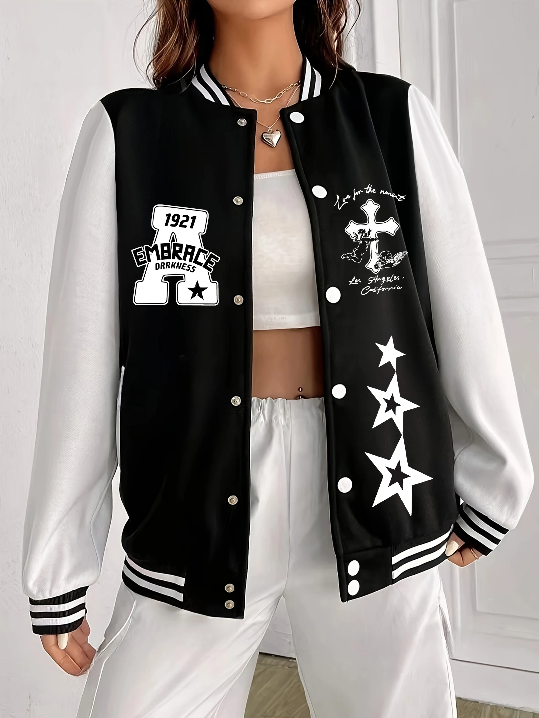 

Женская бейсбольная форма Emrace с принтом пентаграммы 1921, флисовая универсальная уличная одежда, осенняя куртка большого размера, американское пальто