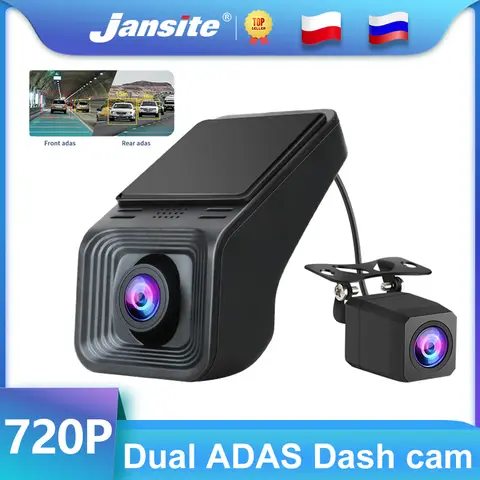 Jansite USB 자동차 DVR ADAS Dashcam 듀얼 렌즈 720P 액션 카메라 전면 및 후면 캠 레코더 G-센서 안드로이드 자동차 라디오 헤드 유닛