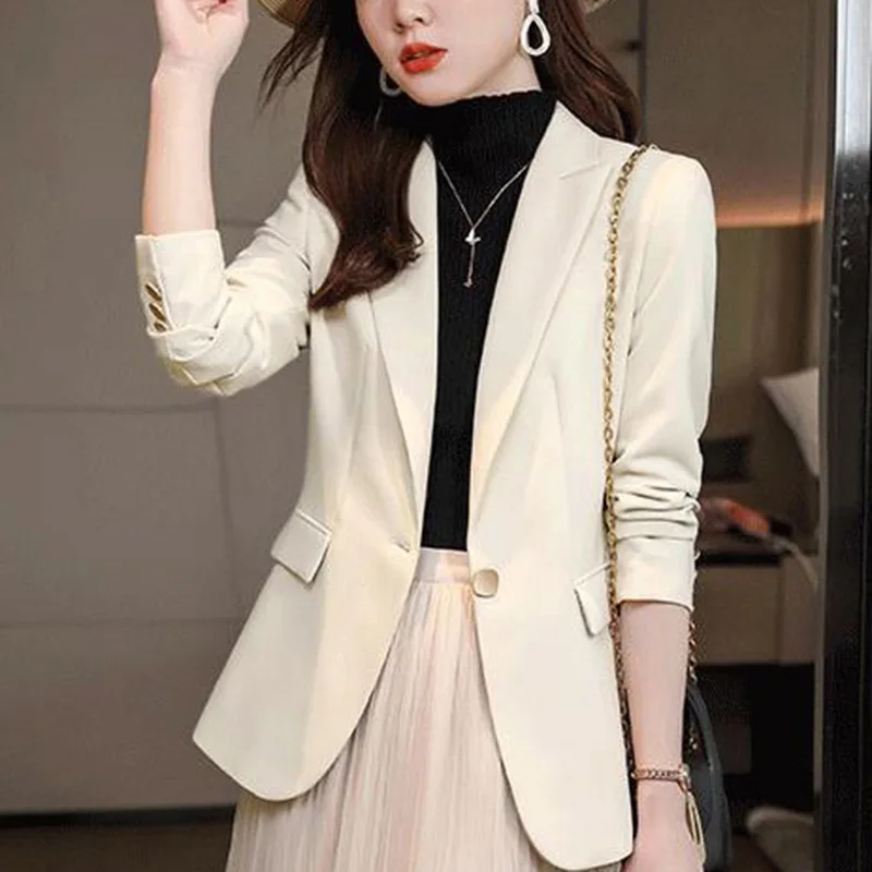 Imagem -05 - Blazer Feminino Elegante de Bolsos Lapela Tops Casuais Roupas Soltas de Escritório Monocromático Novo Outono 2023