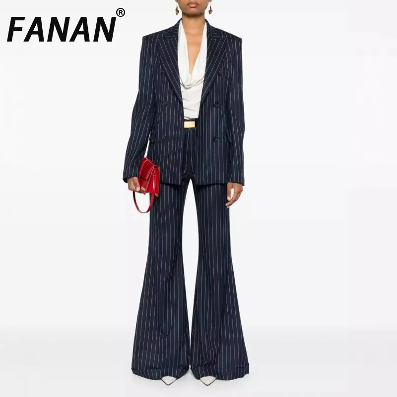 

Женский комплект из 2 предметов FANAN, двубортный пиджак с высокой талией и широкими брюками, офисные женские костюмы, новинка 2023 года