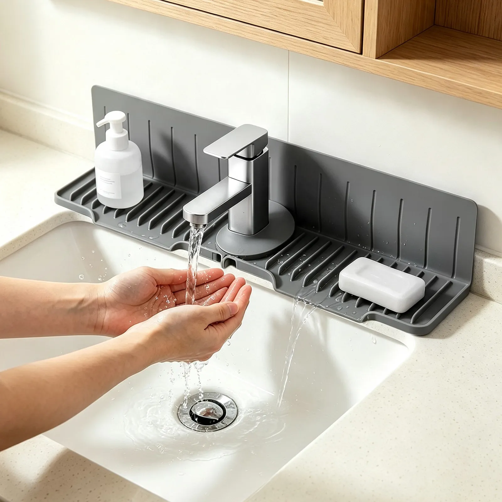 Silicone Faucet Drip Catcher Tray Mat 24x9 Sink Splash Guard Suction Cup Splashstopper Farmhouse Kitchen Sink Edge Guard Water view 4