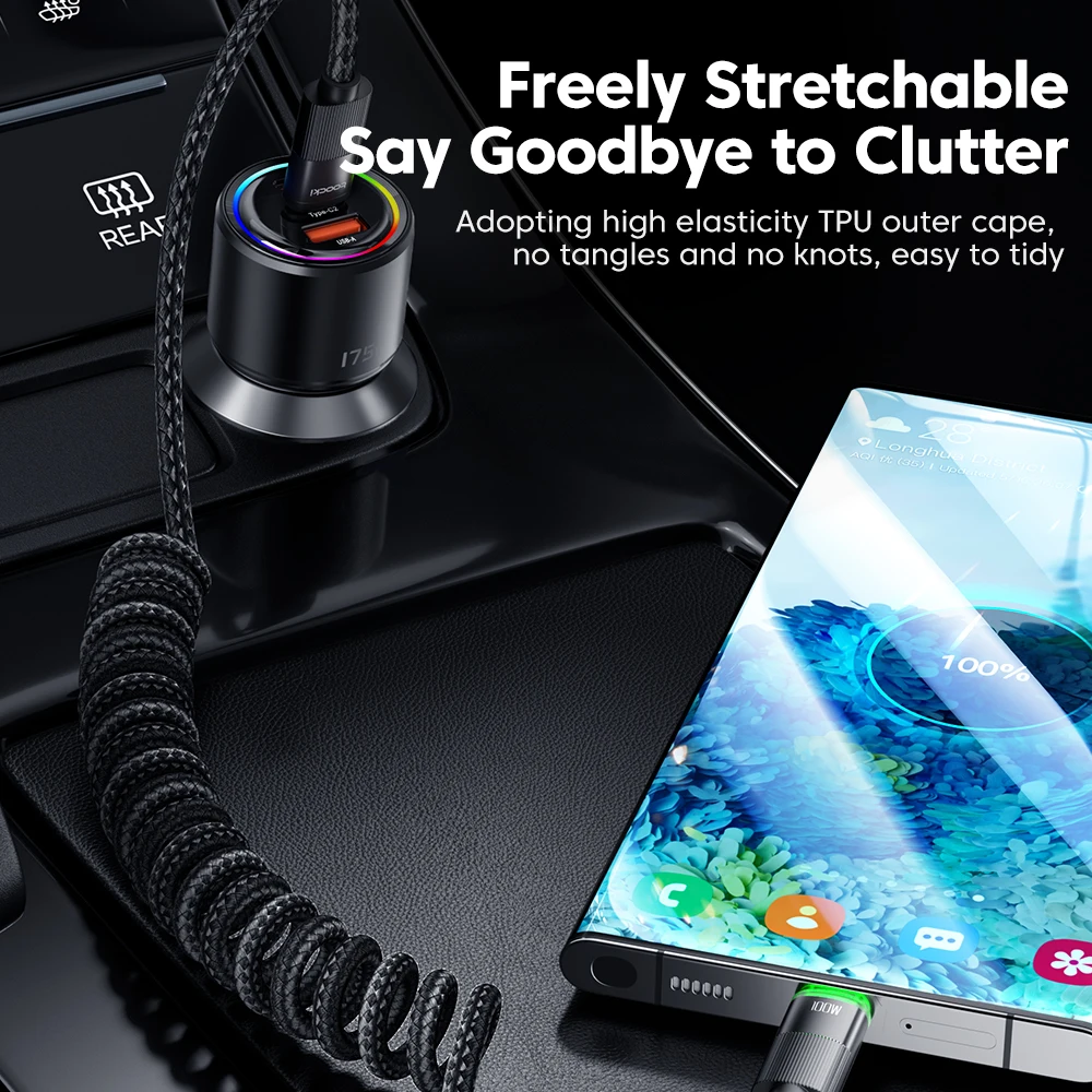 Toocki 1.8/1.2M USB C to Type C Cable for iPhone 16 15 Pro Xiaomi LED PD100W Fast Charging USB C Spring Wire for Samsung Laptop