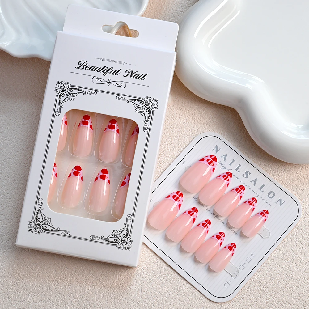 24 pezzi francese medio mandorla unghie finte acrilico stampa leopardata indossabile stampa sulle unghie rosso/nero pois copertura completa unghie finte