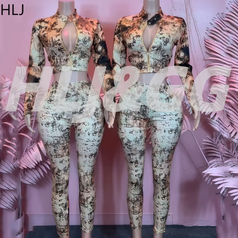 

HLJ Fashion Printing Woman 2 Piece Set Outfit High Neck Long Sleeve Crop Jacket and Leggings Matching Y2k Streetwear Clothing