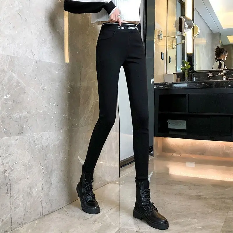 Spring Summer Letter Cross Spliced High Waist Pencil Pants Female Clothing Fashion Slim Elastic Solid Color Women\'s Trousers