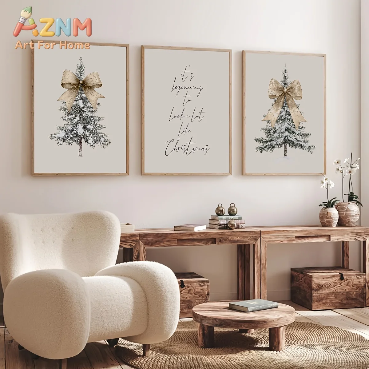 AZNM Neutral Christmas Tree Bow Canvas Wall Art Frameless Poster Xmas Quote Print Home Decor for Living Room Holiday Wall Orname