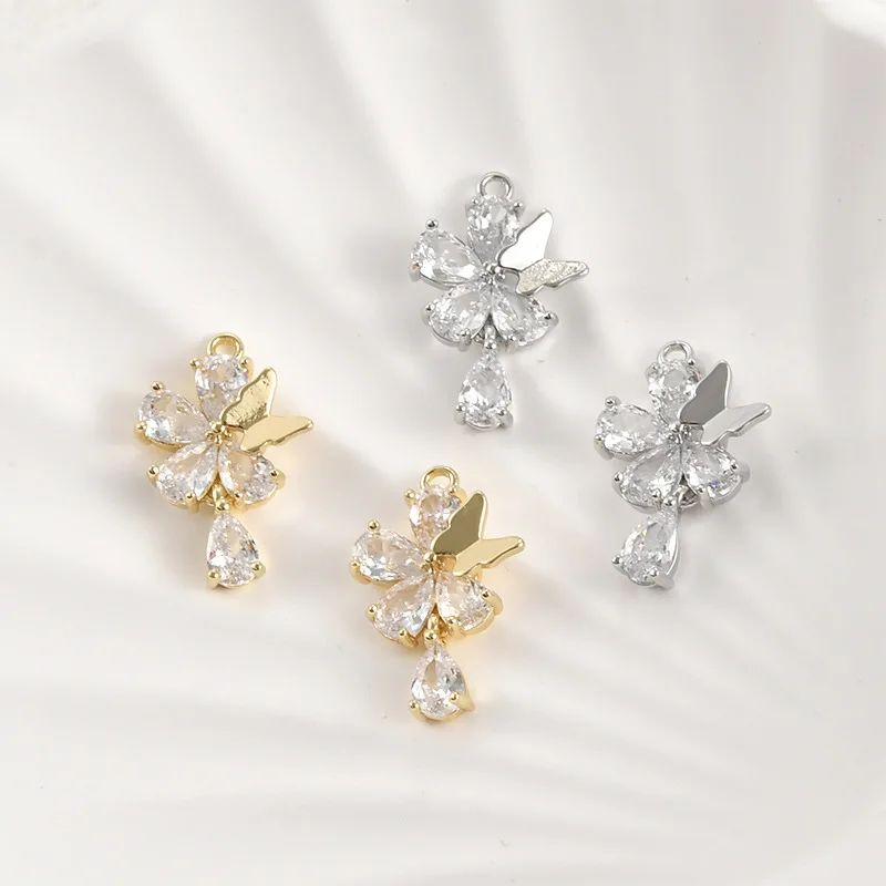 

Подвеска из циркона в форме бабочки и цветка с каплевидным элементом, цвет золота 14 карат, для рукоделия, бисероплетения, аксессуары для украшений, материал