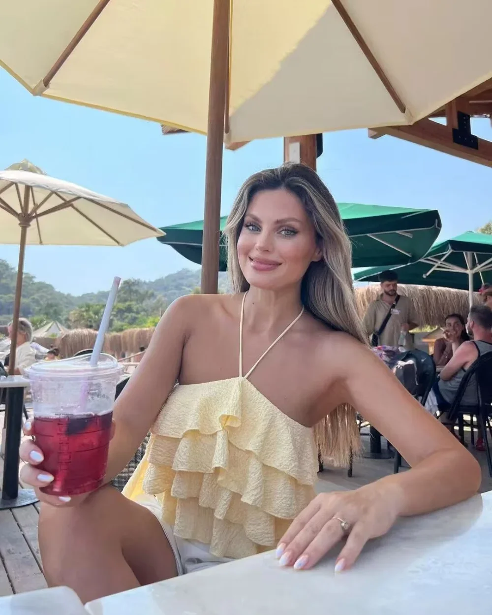 LIBIELIY Textured Halter Crop Top With Ruffles Women's Short Yellow Sleeveless Top With Sexy Streamers For Summer