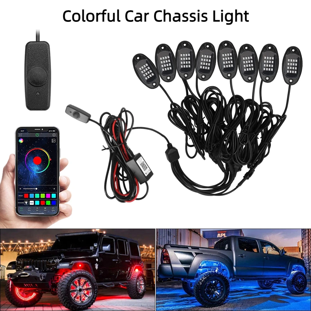 

RGB LED Rock Lights Car Chassis Light Music Sync Undergolw For Jeep Off-Road Truck Boat Bluetooth APP Control 4/6/8 In 1