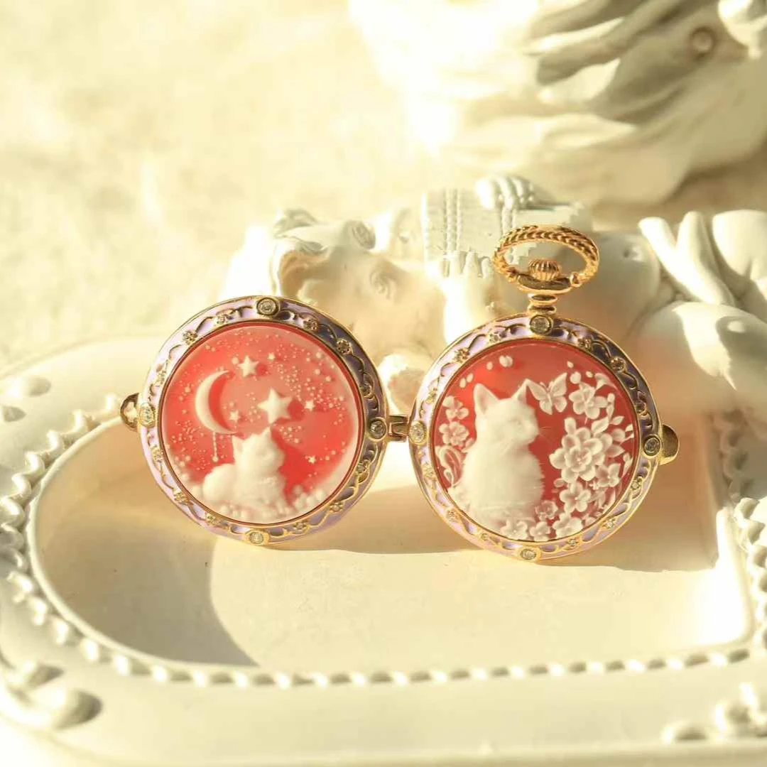 

Agate Cameo Series Double - sided Sachet Pendant with Relief Flower Cluster Cat and Planet Cat Design Pure Silver Inlaid Jewelry