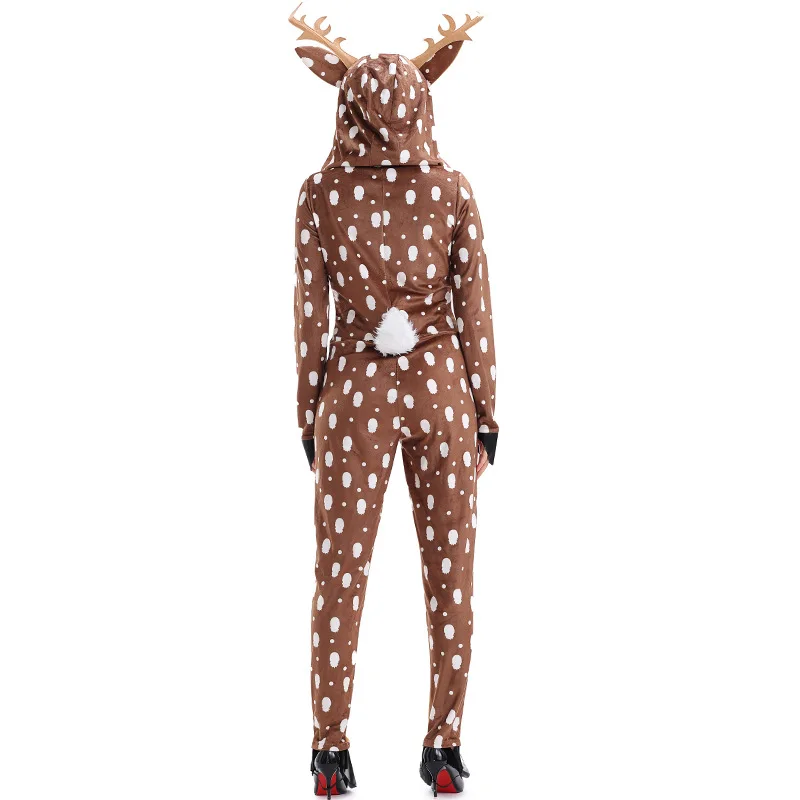 Christmas Reindeer Bodysuit Role Play Costume Cute Sika Deer Hooded Animal Suit Front Zipper Khaki Stage Performance Clothes Set