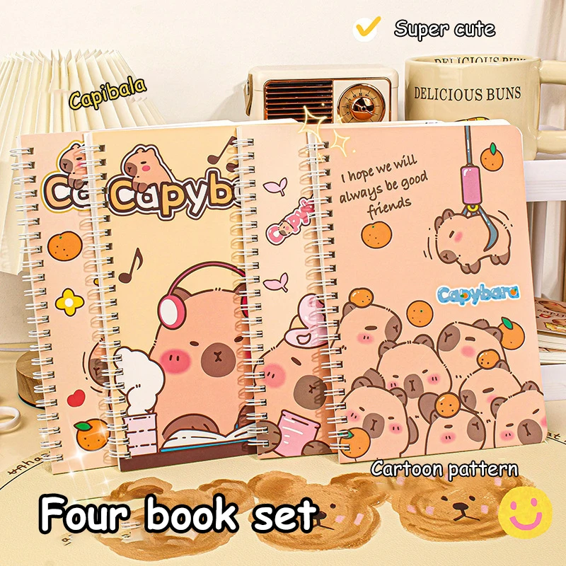 Kawaii Capybara Bobina Notebook, Adorável Notepad Portátil, Material escolar e de escritório, Diário do Estudante, Presentes de Aniversário do Amigo, 4Pcs