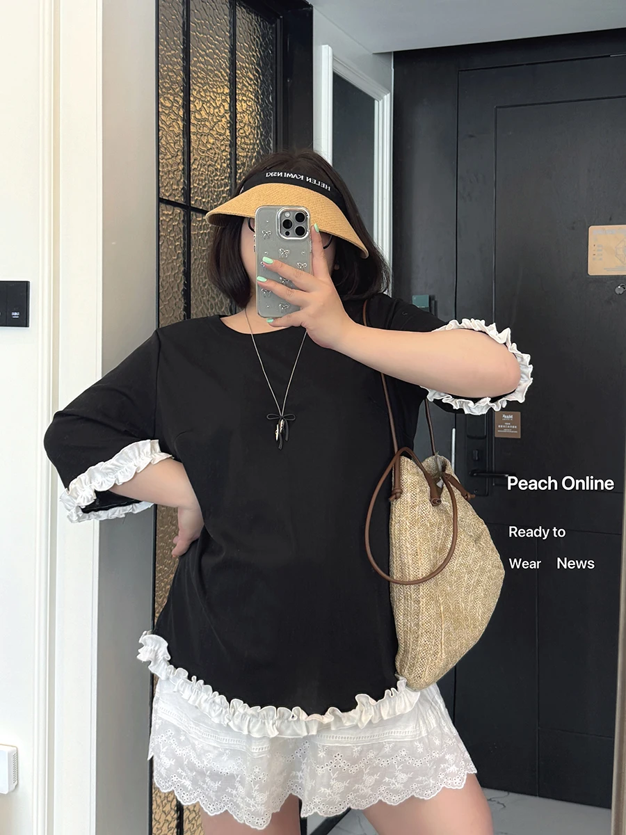 

plus Size Women's Basic Sle Five-Quarter Sve T-irt Wood ain Ruffle Design Slimming Effect Summer Faion Top