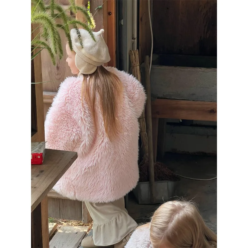 Children Clothing Girls Coat 2023 Winter New Fashionable Premium Fur Coat Girls Medium Length Woolen Padded Warm Kids Coat