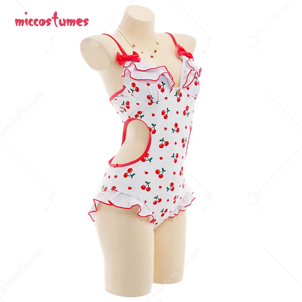 Women s Miccostumes Swimsuits for Women Cherry Printed Bathing Suit Ruffles Kawaii One-piece Swimwear