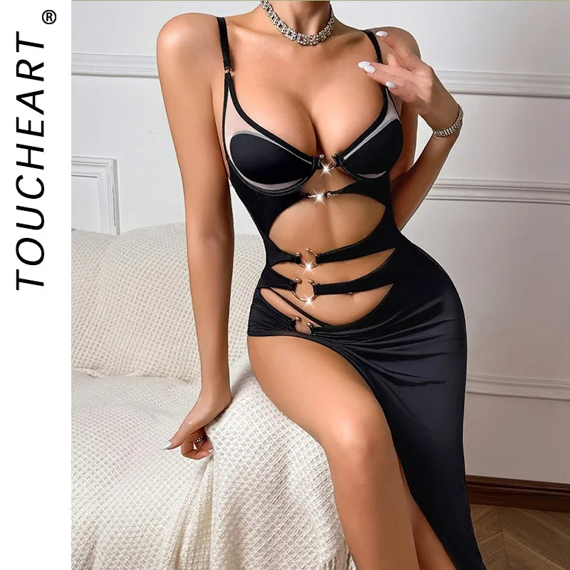 

Toucheart сексуальное полое платье трусики 2 шт. нерегулярное лоскутное кольцо с пряжкой узкая спинка женский очаровательный частный эротический комплект платья