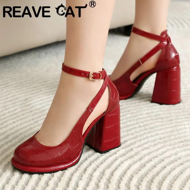 REAVE CAT Fashion Women Pumps 32 33 Round Toe Block Heels 9cm Platform Ankle Buckle Strap Big Size 42 43 Sexy Dating Shoes