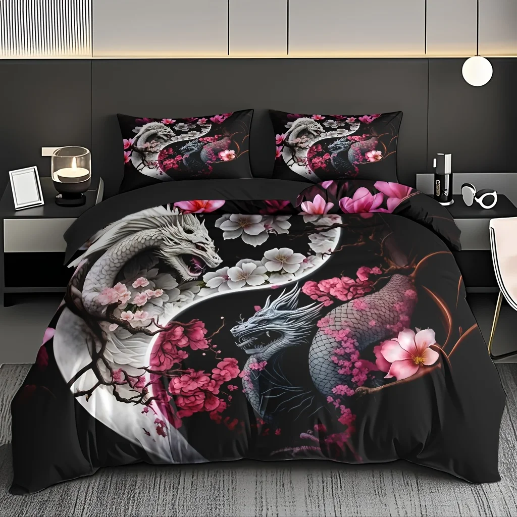 Dragon And Cherry Blossom Duvet Cover Set - Soft High-Definition Digital Print, Black with Pink Blossoms, Soft Breathable