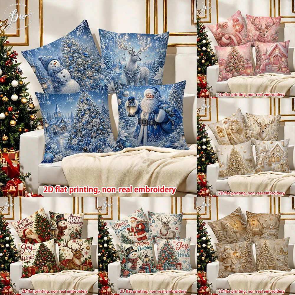 4pcs Christmas Throw Pillow Covers Xmas Holiday Cushion Cases for Sofa Christmas Tree Santa Snowman Reindeer Designs