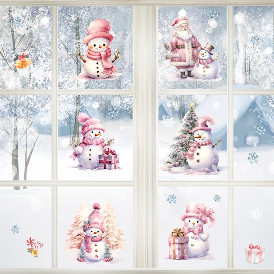 Christmas Decoration Cartoon Cute Pink Snowman Wall Stickers for Windows Bedroom Decoration Wall Decals Kids Room Decor