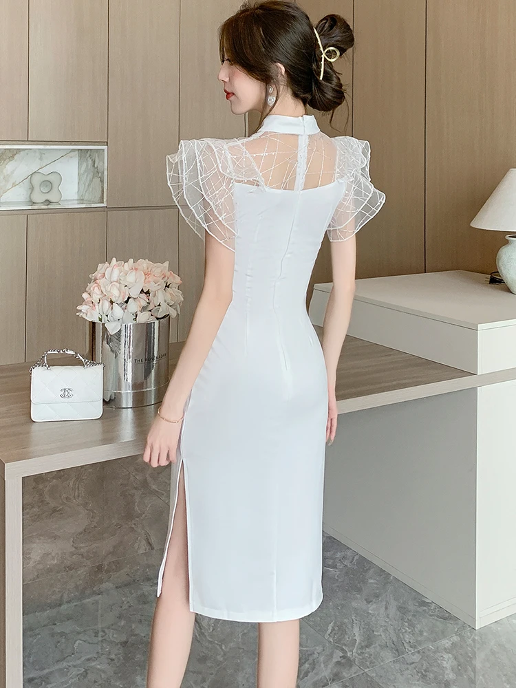 2024 White Patchwork Ruffled Mesh Luxury Dress Women Korean Party Vestidos Spring Summer Elegant Dresses for Official Occasions