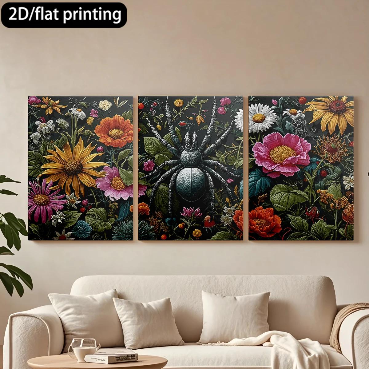 

Декоративная картина на холсте с тремя панелями: Паук, окруженный ярким разнообразием цветов.