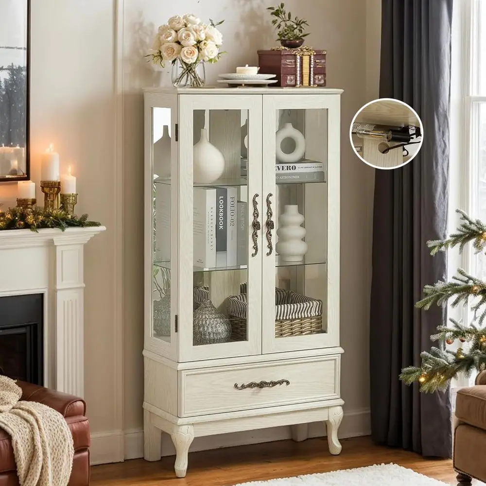 Lighted Accent Curio Cabinet, 3Tier Antique Storage Cabinet with Tempered Glass Adjustable Shelves amp Drawer, Acrylic Panel, L