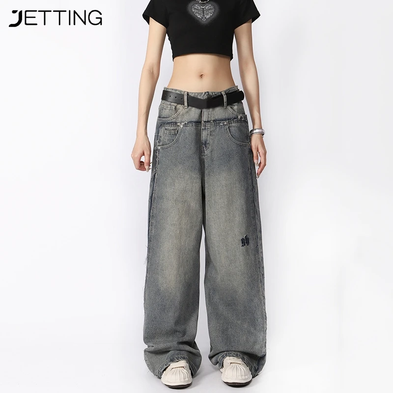 

Womens Blue Wide Leg Baggy Jeans Embroidery Double Low Waisted Denim Jeans Trousers Loose Boyfriend Pants Vintage Y2K Streetwear