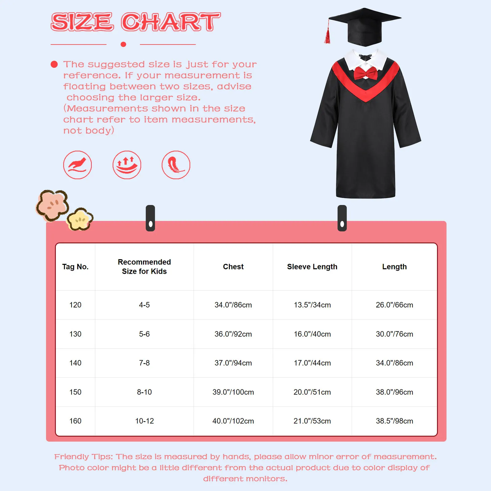 4-12Y Kids Boys Girls Preschool Nursery Graduation Uniform Robe Set with Tassel Cap Graduation Gown for Primary School Ceremony