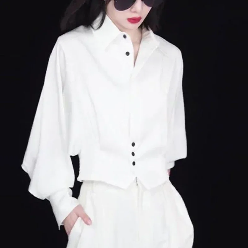 Elegant Fashion Long Sleeve Waist White Shirt Wide Leg Pants Two Pieces Set Women Temperament Blouse Trousers Suit XT533