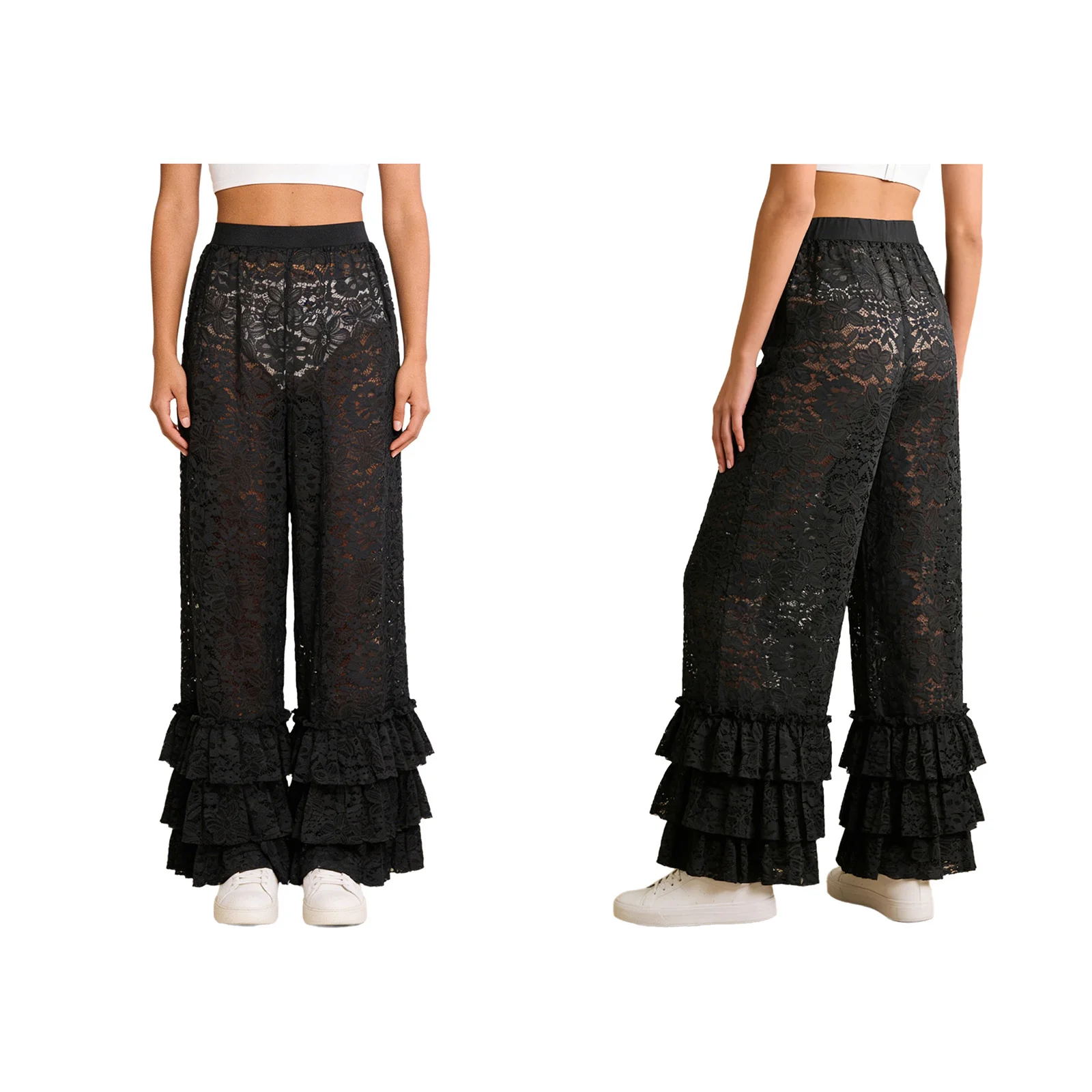 

Women Adults Fashion Floral Lace Long Bloomer Pants Tiered Ruffles See Through Solid Color Stretchy Briefs Cover-up Pants