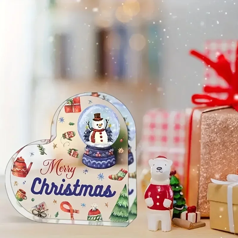 Merry Christmas Heart‑Shaped Acrylic Plaque, Snowman Snow Globe Table Decor,Cozy Xmas Heart Acrylic Keepsake Plaque, Festive Tabletop Decoration