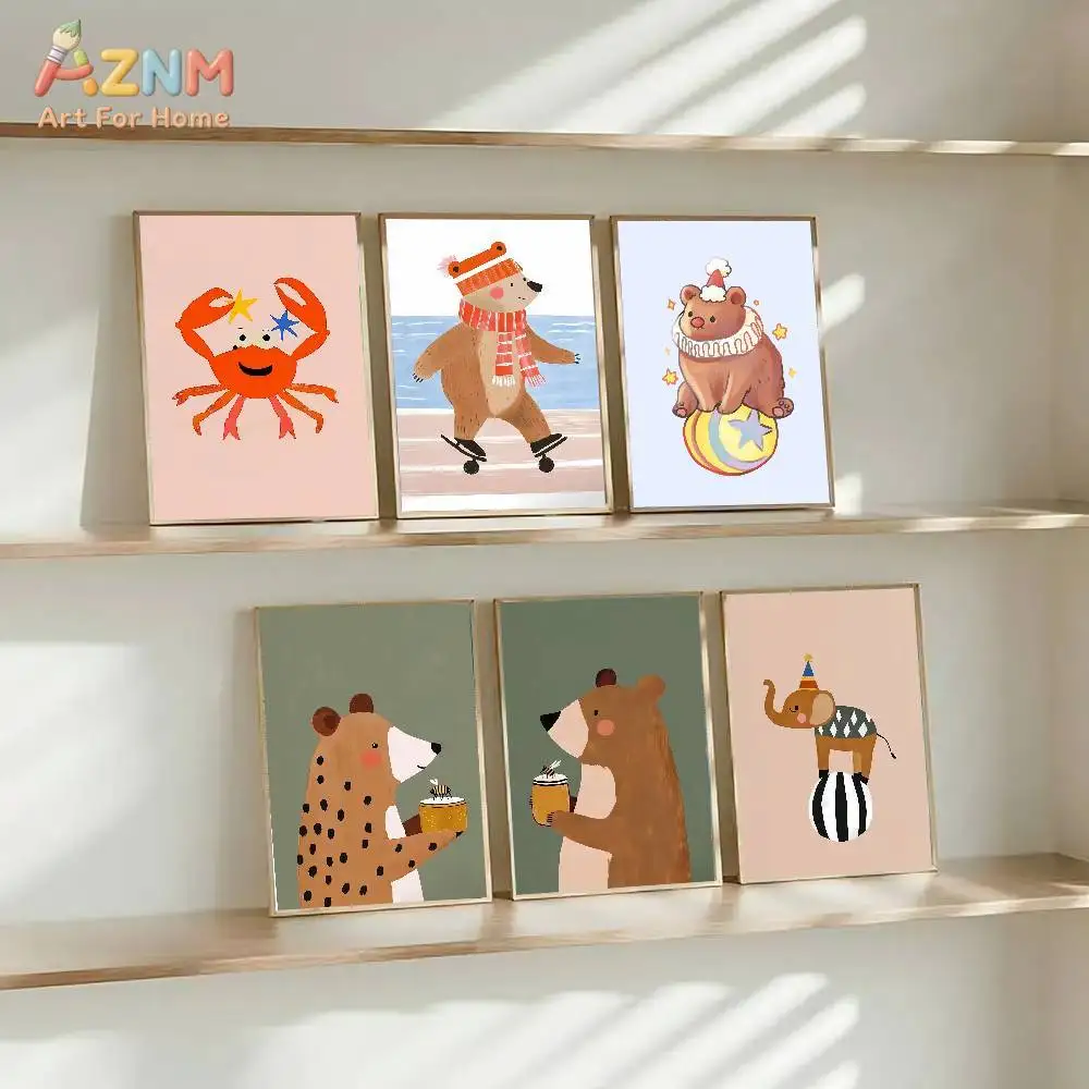 AZNM Cute Cartoon Animal Canvas Wall Art Bear Crab Elephant Circus Skating Drinking Coffee Soft Neutral Tone Illustration Sweet