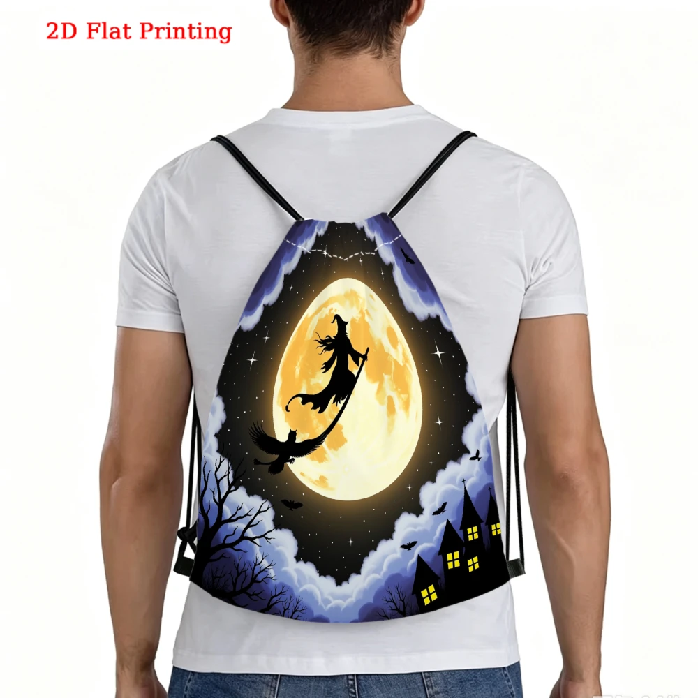 Halloween Witch on Broomstick Full Moon Haunted House Drawstring Backpack Fitness Sports Outdoor Travel Bag