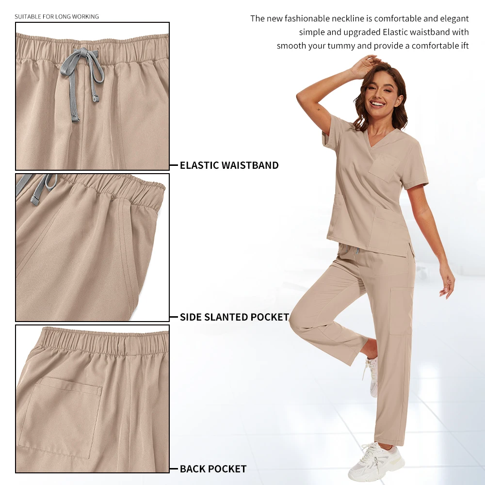 Roupas para sala de operação de enfermagem, uniforme médico para mulheres, enfermeira, conjunto de bolso, top + calças, 2 peças, roupa de trabalho para salão de beleza
