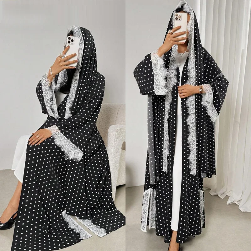Muslim Abaya Dress With Hijab 2Pcs Set Solid Color Long Sleeve Plus Size Lace Patchwork Polka Dot Islamic Outfit Ramadan Wear