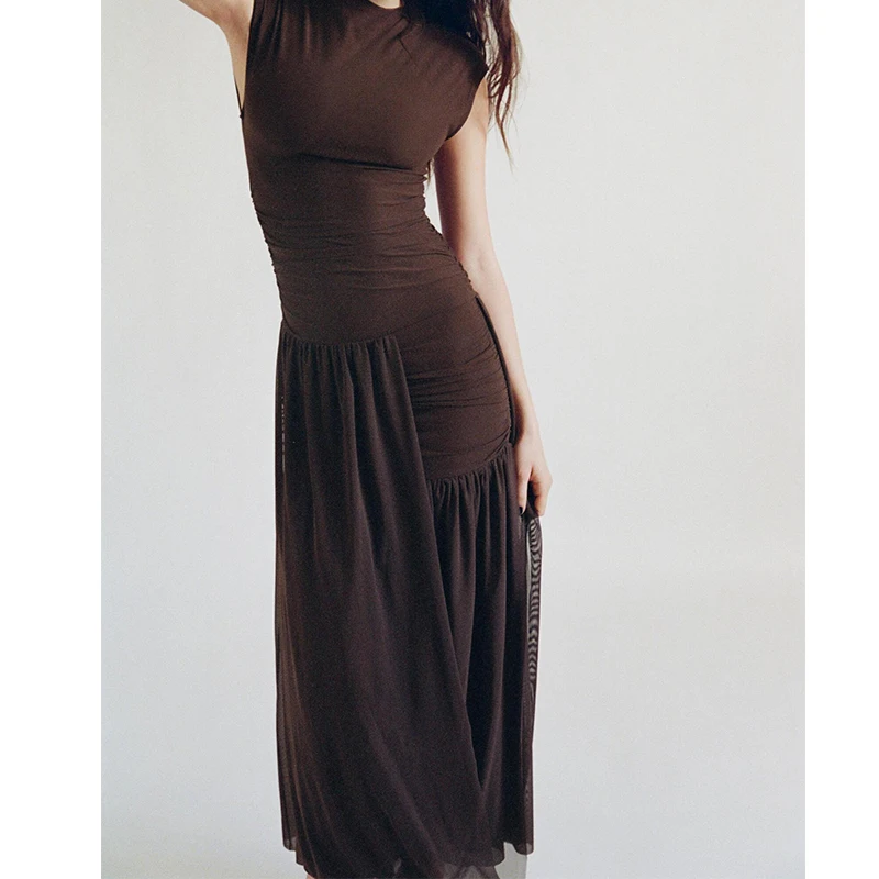 YENKYE شبكة المرقعة غير النظامية المرأة فستان طويل س الرقبة قصيرة الأكمام بني داكن فساتين الصيف عطلة ماكسي فيستدوس #3