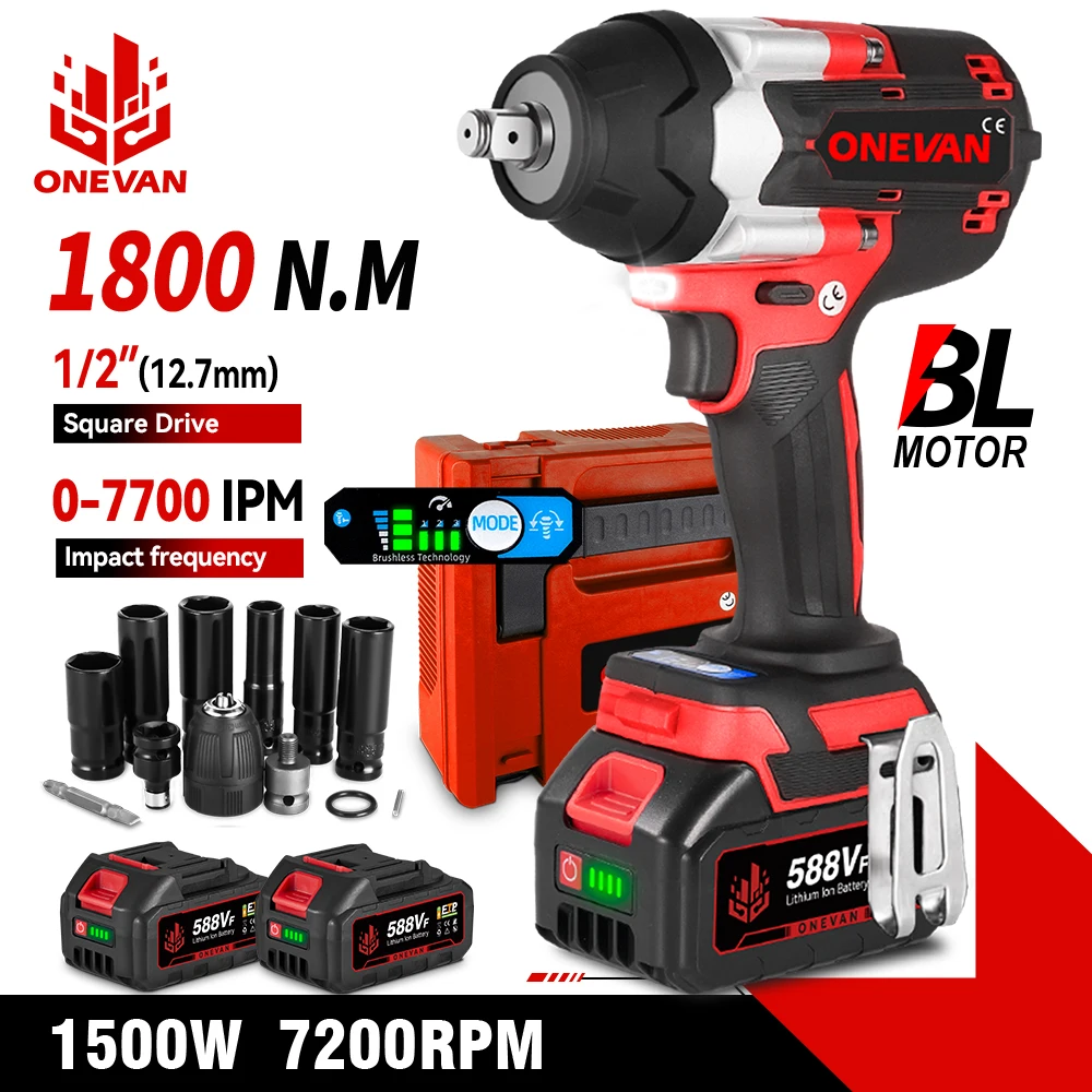 ONEVAN 588VF 1800 N.M 토크 브러시리스 전기 임팩트 렌치 1/2 인치, 마끼다 18V 배터리용 22900mAh 리튬 이온 배터리