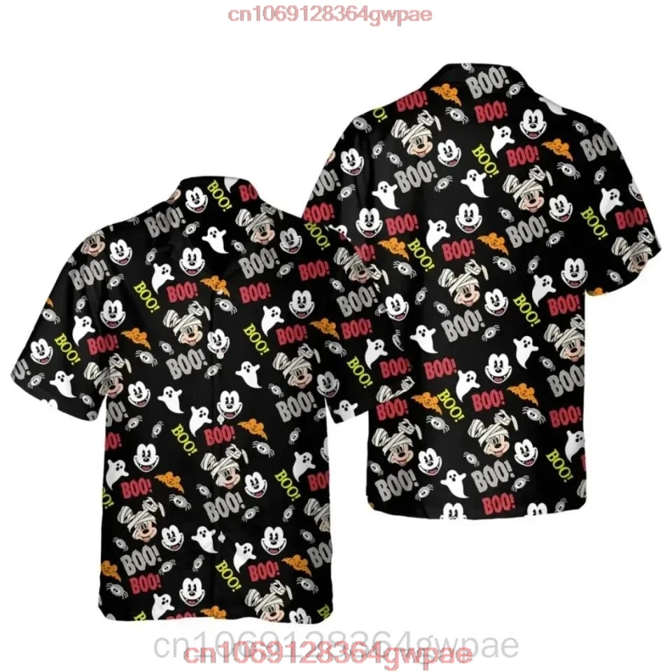 Mickey Minnie Party Halloween Hawaiian Shirts Men\'s Women\'s Summer Short Sleeve Button Shirts Disney Casual Beach Shirt Tops