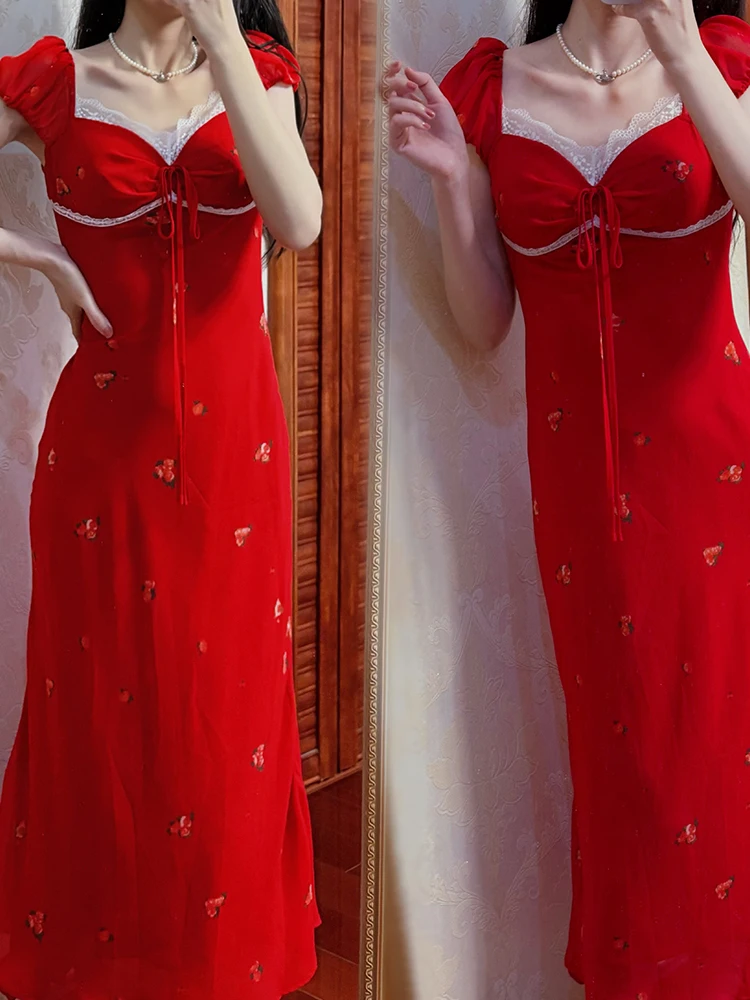 Empalme de encaje Floral rojo ort Sve Dr, novedad de verano para mujer, cintura desechable pura, ceñida, adelgazante, corte en A, largo Dr