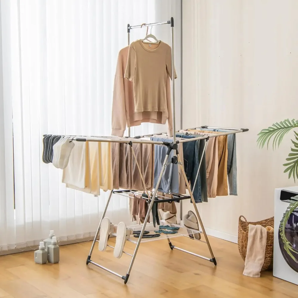 Clothes Drying Rack, Foldable Laundry Drying Rack with with 6-Level Adjustable Height, High Hanger Design, Side Clips, S