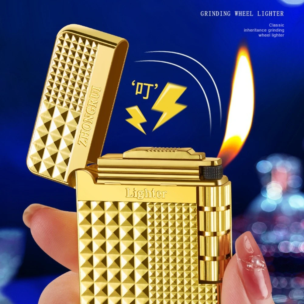 New Style Grinding Wheel Ignition Open Flame Lighter, Rounded Corners Crisp and Loud Metal Inflatable Lighter, Wholesale