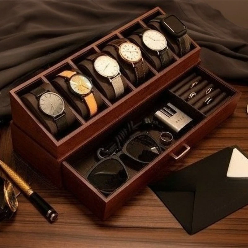 

Деревянная коробка для часов, 6-слотовые наручные часы, коробки для хранения, коробки-органайзеры для солнцезащитных очков, коробки для колец, мужские часы, контейнер для сбора