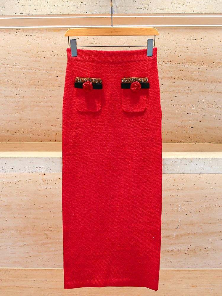 

Cisas New Year Red Beaded Long Knitted f Skirt High Waist A-Line Skirt Polyester Fiber Commute Sle Simple Design