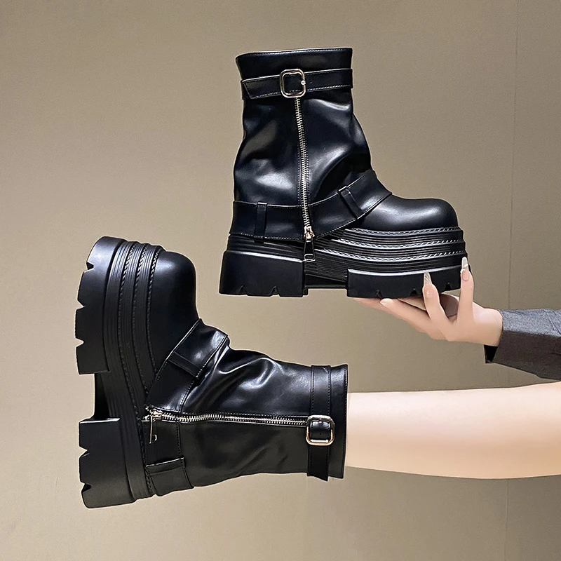 Women's Autumn Winter Leather Ankle Boots 10CM Heels Chunky Platform Combat Boots Non Slip Motorcycle Shoes Woman Punk Boots