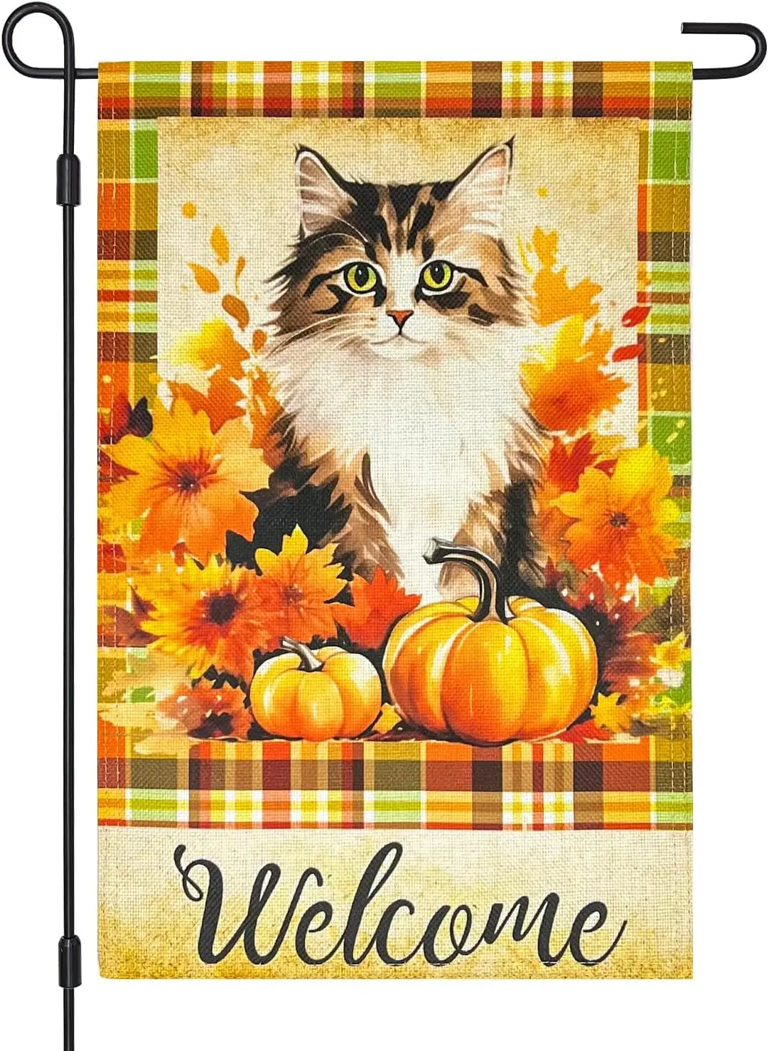 Cat Decorative Welcome Fall Burlap Garden Flag, 12x18 Inch Double Sided Autumn Flower Pumpkin Puppy Madras Plaid small verti PPZ